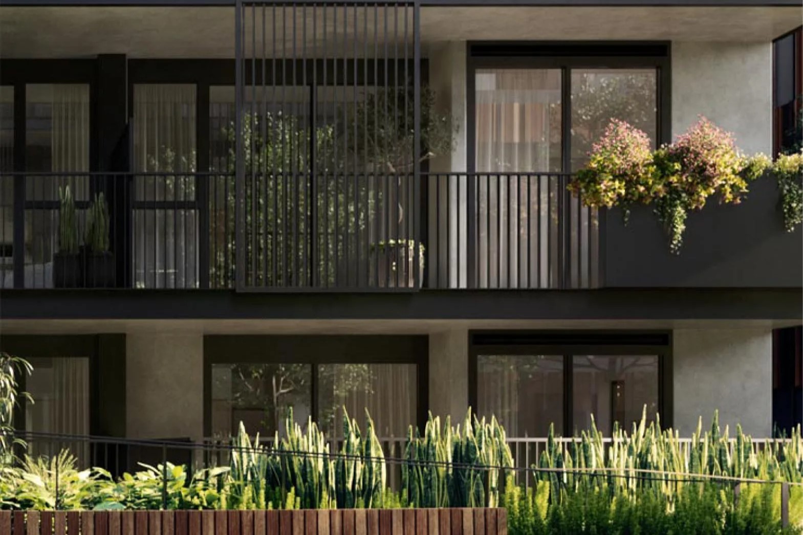 An image of a balcony with custom designed planters by TaitForm for East Brunswick Village.